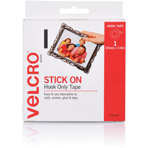 Velcro Stick On Hook Only Tape 25mm x 3.6m White (42718), Each