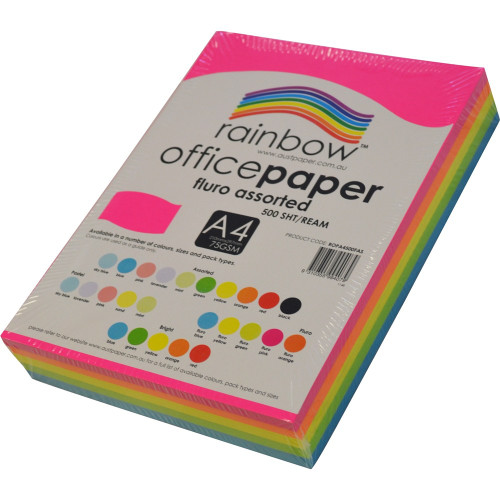 RAINBOW 80GSM OFFICE PAPER A4 4x Fluoro Assorted Colours Ream of 500