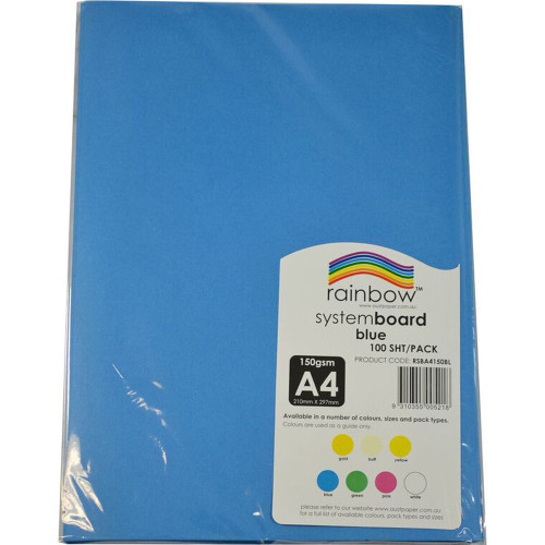 RAINBOW SYSTEM BOARD 150GSM A4 Blue Pack of 100