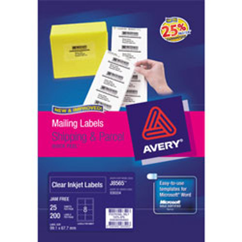 AVERY CLEAR QUICK PEEL INKJET LABELS J8560 21 L/P/Sht 63.5x38.1mm Address (Pack of 525)