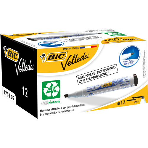 BIC VELLEDA WHITEBOARD 1751 ECO MARKER Black, Chisel Tip Pack of 12