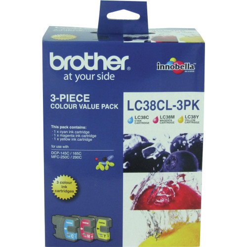 BROTHER LC-38Y ORIGINAL 3 COLOUR VALUE PACK INK CARTRIDGE Suits MFC 145C / 165C / 250C / 290C