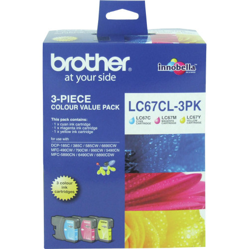 BROTHER LC-67 ORIGINAL 3 PACK C/M/Y INK CARTRIDGE Suits DCP 185C / 385C / 395CN / 585CW / 6690CW / J715W / MFC 490CW / 790CW / 795CW / 990CW / 5490CW / 5890CN / 6490CW / 6890CDW / J615W