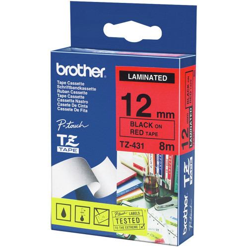 BROTHER TZE-431 PTOUCH TAPE 12mm x 8mtr Black on Red