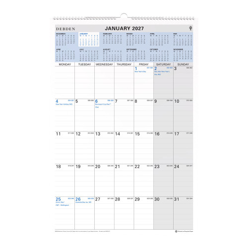 DEBDEN CALENDAR SERIES WIRO WALL PLANNER 394x577mm (Pre-Order Now for 2027)