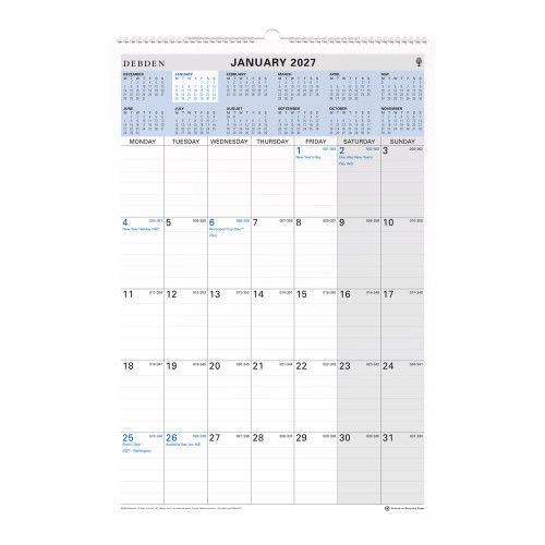 DEBDEN CALENDAR SERIES WIRO WALL PLANNER 394x577mm (Pre-Order Now for 2027) ** ETA 30/9/2026 **