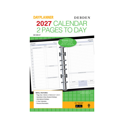 DEBDEN DAYPLANNER DESK EDITION REFILLS - 7 RING 2 Pages Per Day Dated (1 year) (Pre-Order Now for 2027) ** ETA 30/9/2026 **
