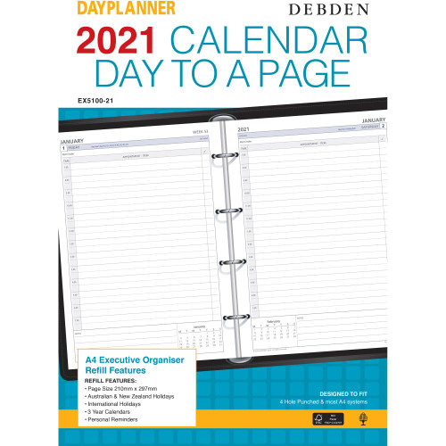 DEBDEN DAYPLANNER A4 EDITION REFILLS - 4 RING Daily Dated (1 year) (2024)