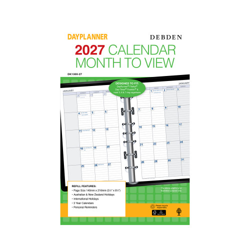 DEBDEN DAYPLANNER REFILL ORG Weekly Dated Calendar Slimline (Pre-Order Now for 2027) ** ETA 30/9/2026 **