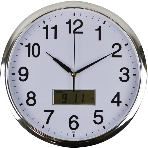 ITALPLAST Wall Clock 36cm - LCD - Chrome Frame/White Face, Each