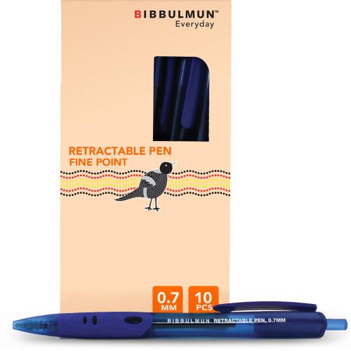 BIBBULMUN RETRACTABLE Ballpoint Pen Fine 0.7mm Blue Pack of 10