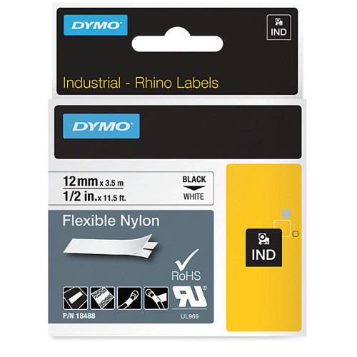 DYMO RHINO INDUSTRIAL LABEL TAPE 12mm x 3.5m White Flexible Nylon Tape