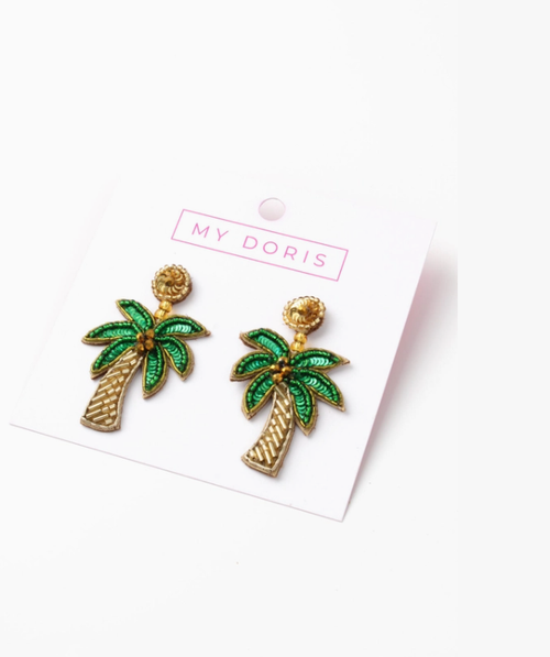 Gold and Green Palm Tree Earrings - My Doris