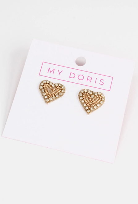 Glitzy Gold Beaded Heart Studs - My Doris