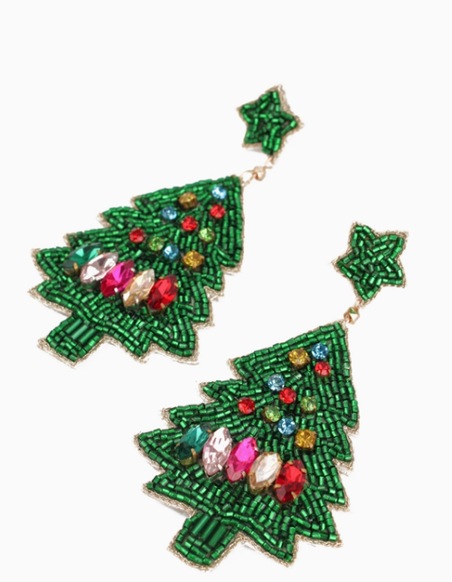 Large Rainbow and Green Christmas Tree Earrings - My Doris