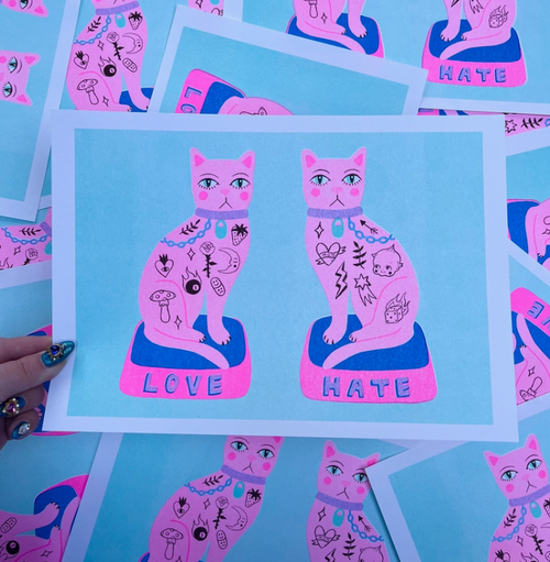 ' Love / Hate Cats ' A4 Risograph Print - Amy Hastings
