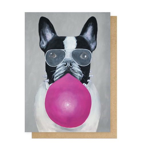French Bulldog With Bubblegum Greetings Card - East End Prints