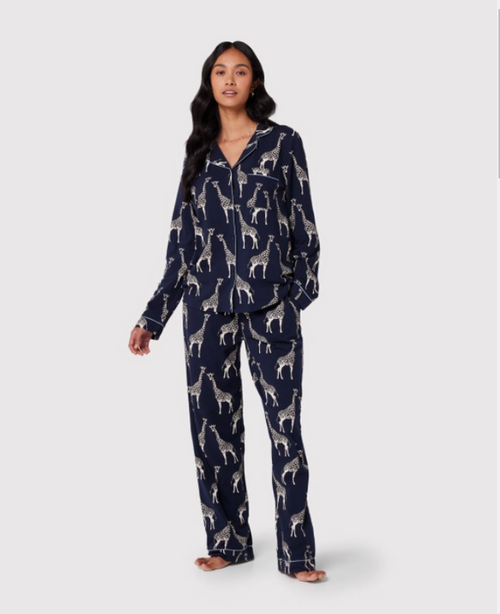 Navy Giraffe Print Organic Cotton Long Pyjama Set - Chelsea Peers