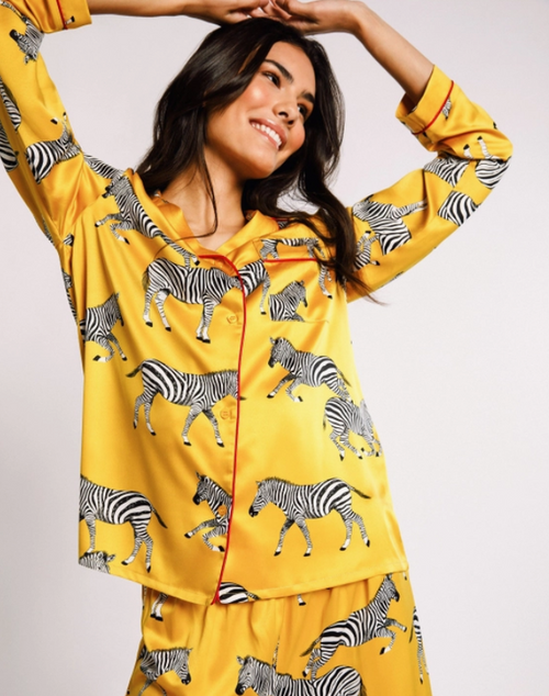 Satin Mustard Zebra Print Long Pyjama Set - Chelsea Peers
