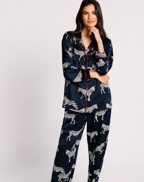 Satin Navy Zebra Print Long Pyjama Set - Chelsea Peers