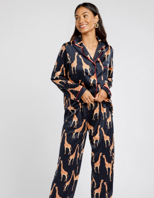 Satin Navy Giraffe Print Pyjama Set - Chelsea Peers