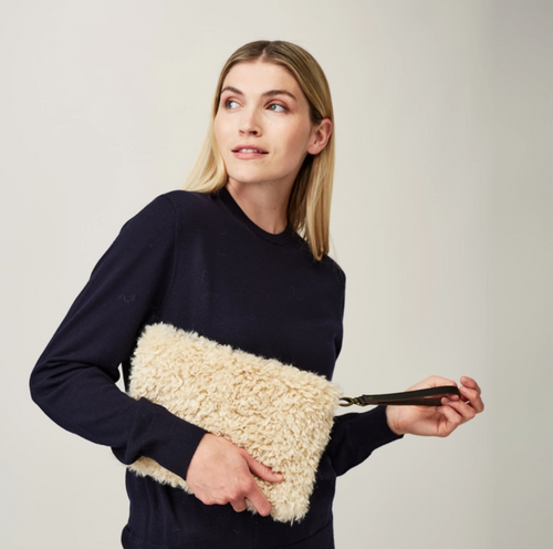 Clutch Bag with Wrist Strap - Cream Sheepskin - by Helen Moore