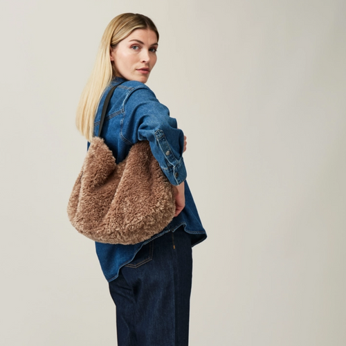 Slouch Bag - Taupe Faux Sheepskin - By Helen Moore