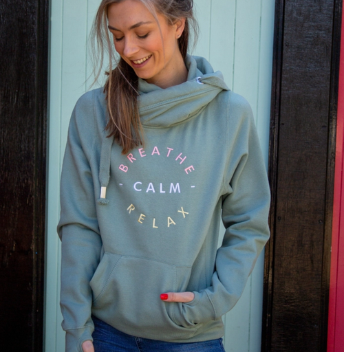 Embroidered " Breathe Calm Relax " Cross Neck Hoodie in Dusty Green - Percy and Nell Retail Limited
