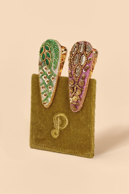 Jewelled Hair Clips (Set of 2) - Asymmetric leaf and Feather, Sage & Lilac - Powder