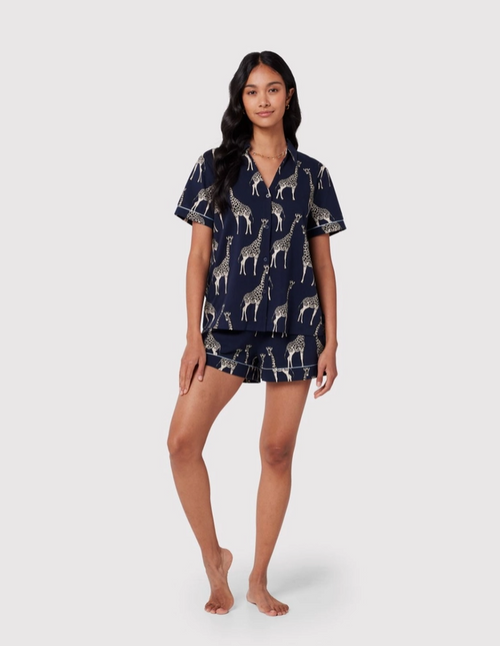 Navy Giraffe - Print Organic Cotton Short Pyjama Set - Chelsea Peers