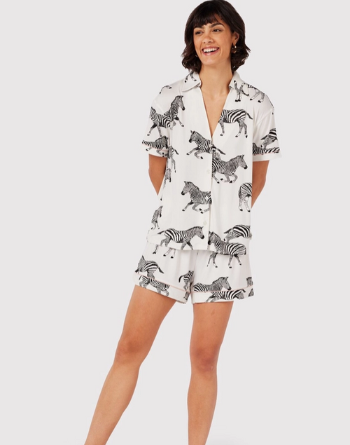 White Zebra Print V-Neck Button Up Short Pyjama Set - Chelsea Peers