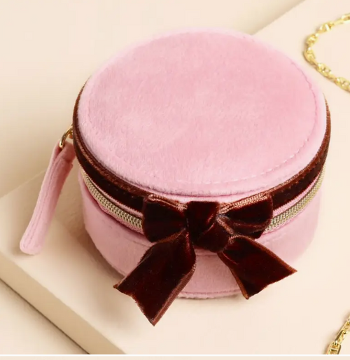 Pink and Burgundy Velvet Bow Mini Round Jewellery Case - Lisa Angel