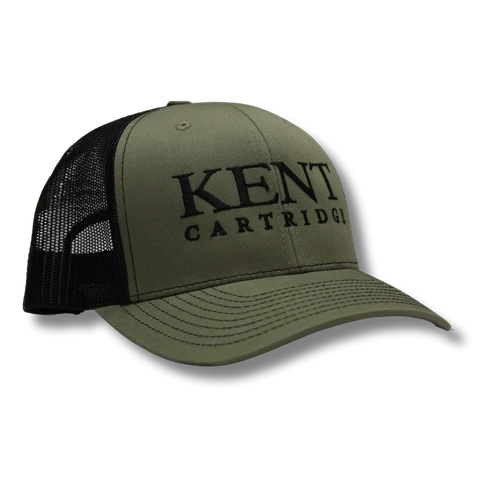 Kent Cartridge 112 Green Trucker Hat with embroidered logo, structured front panel, and breathable mesh back â€“ adjustable snapback for hunters and outdoor use.