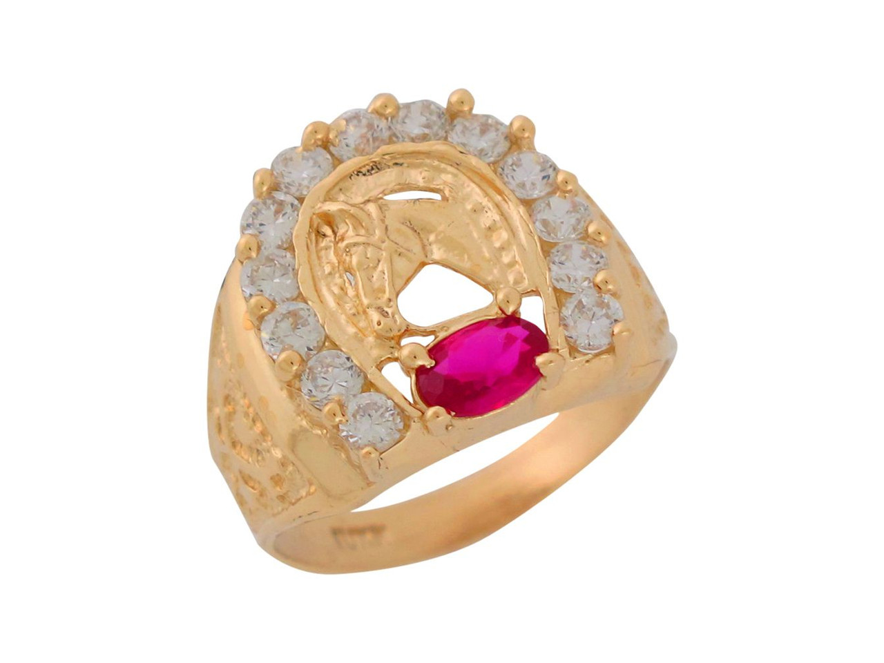 Synthtetic Ruby White CZ Horse with Horseshoe Frame Mens Ring (JL