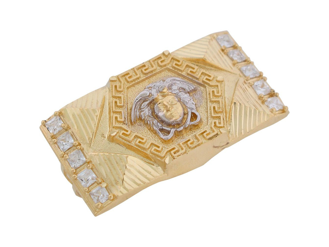 Two Tone Gold Greek Key Medusa Head Two Finger Ring (JL