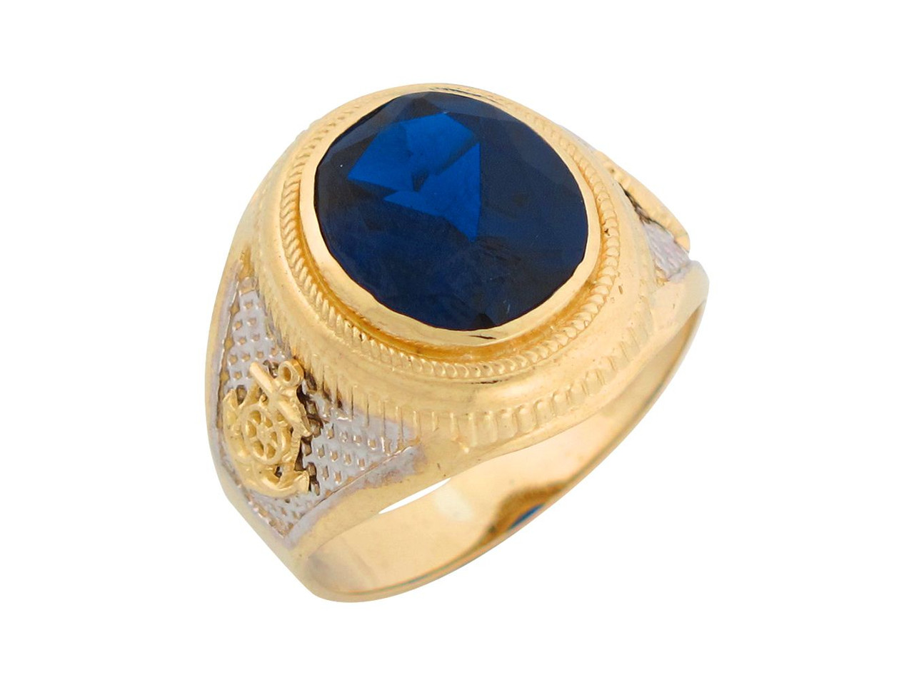 Two Tone Gold Simulated Blue Sapphire Nautical Anchor Mens Ring