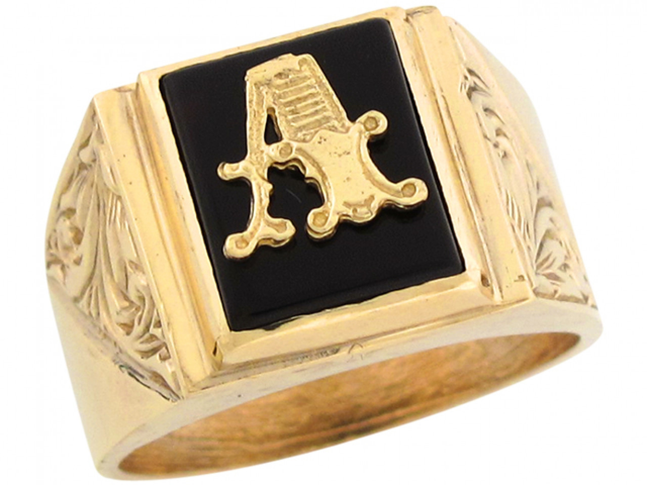 Real Gold 12X10Mm Rectangle Onyx Stone Fancy Mens Letter Initial Ring (Jl#  R5686) - Jewelry Liquidation