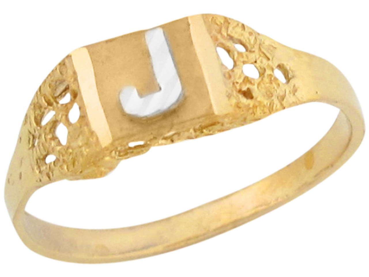 Two Tone Real Gold Diamond Cut Design Letter J Initial Band Ring