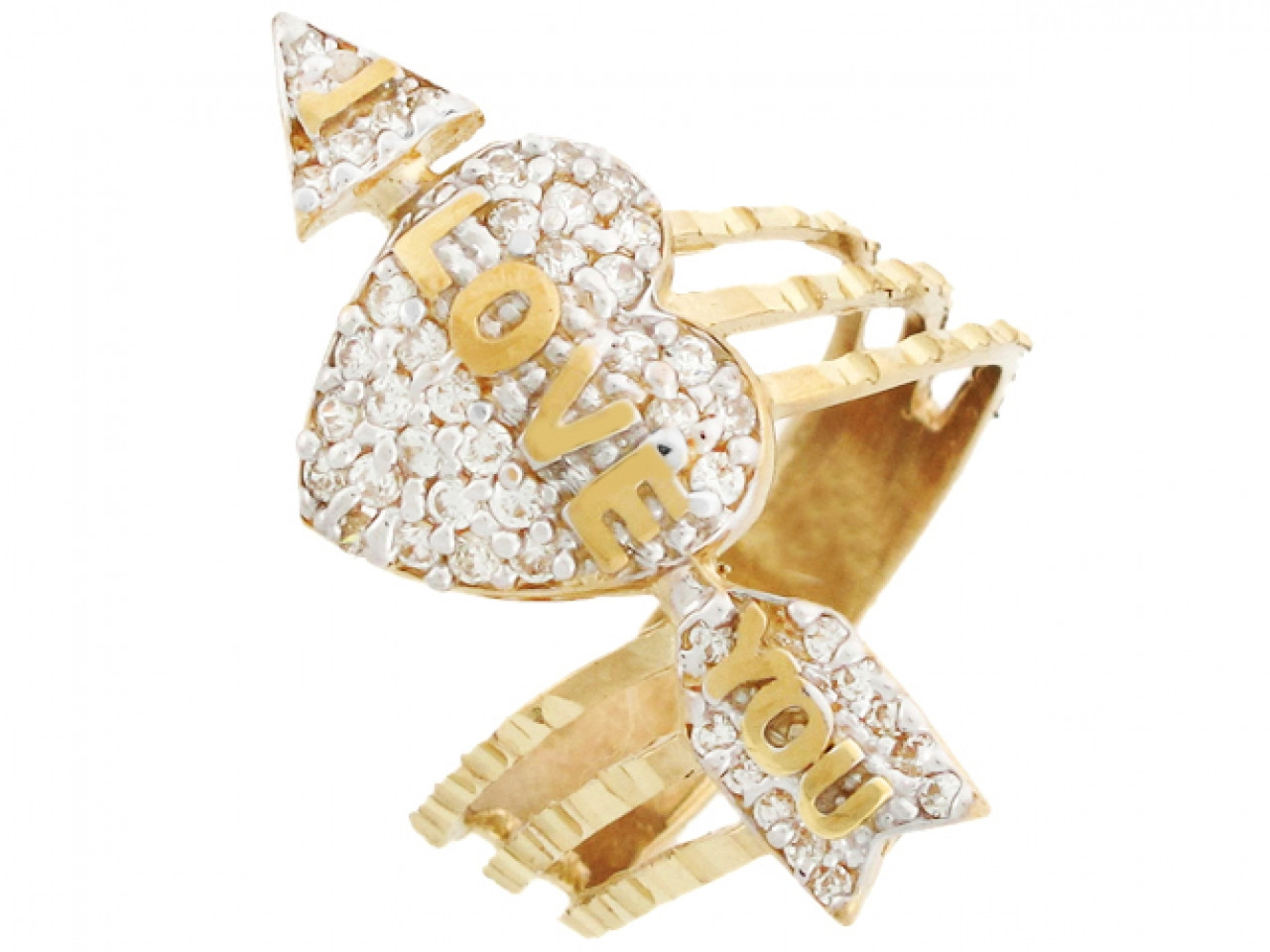 ♡Y♡ Solid Gold I Love You Cluster CZ Heart & Arrow Diamond Cut Ring