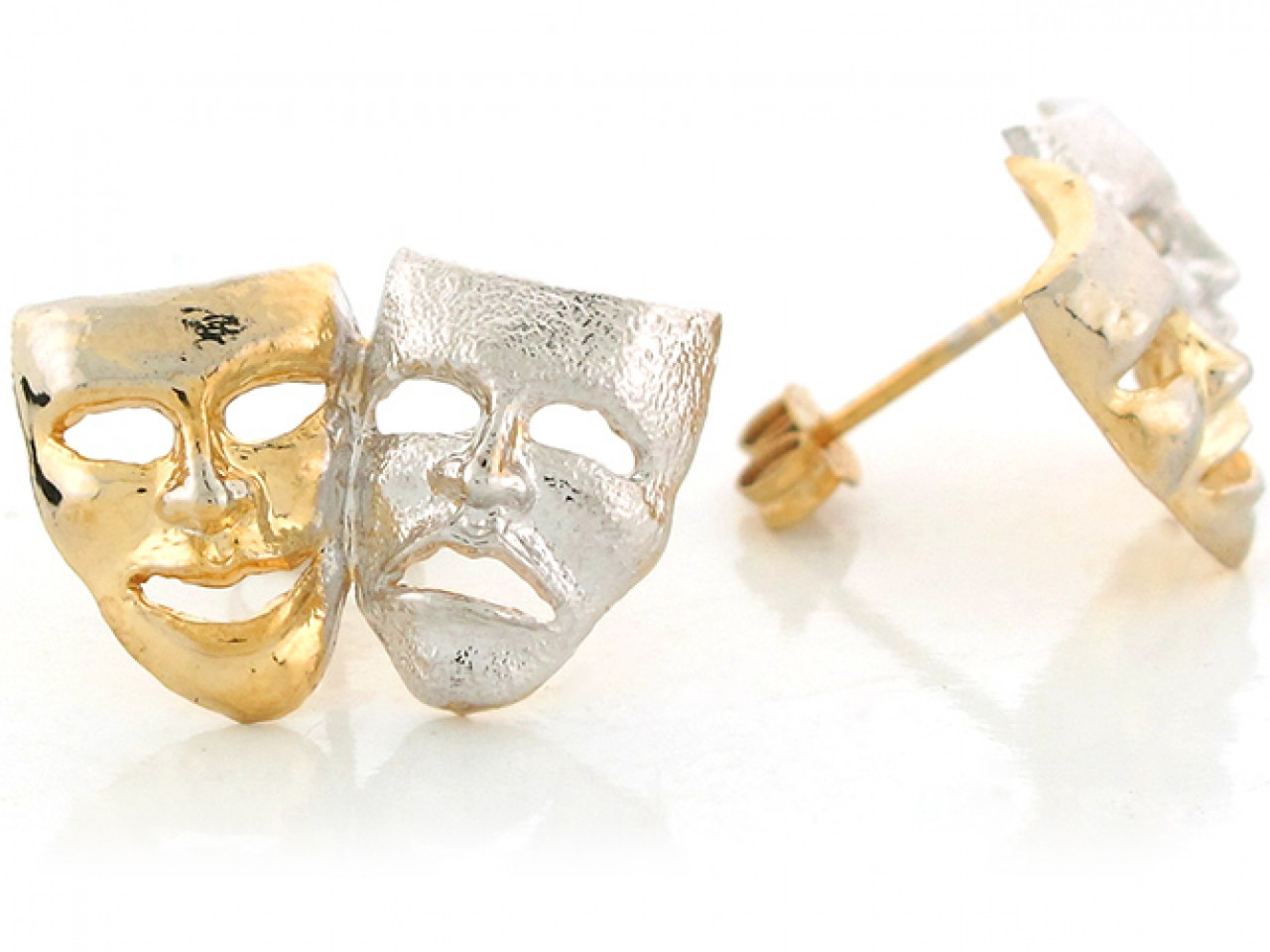 Real Two Tone Gold 1 39cm X 2 05cm Drama Face Theater Actor Masks Post Earrings Jl 6395 Jewelry Liquidation