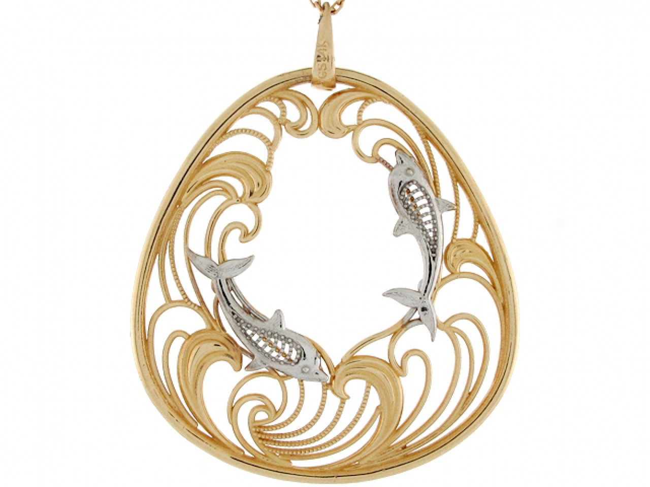 two tone real gold dolphin sea life filigree waves unique Pendant