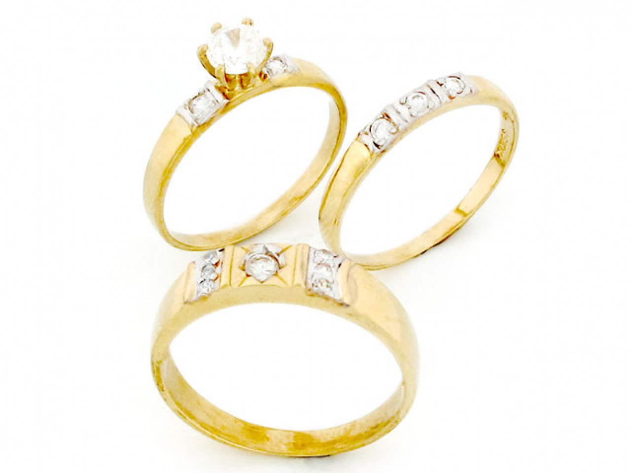 Gold Mens & Ladies Matching Wedding CZ Trio 3 Rings (JL# X2272