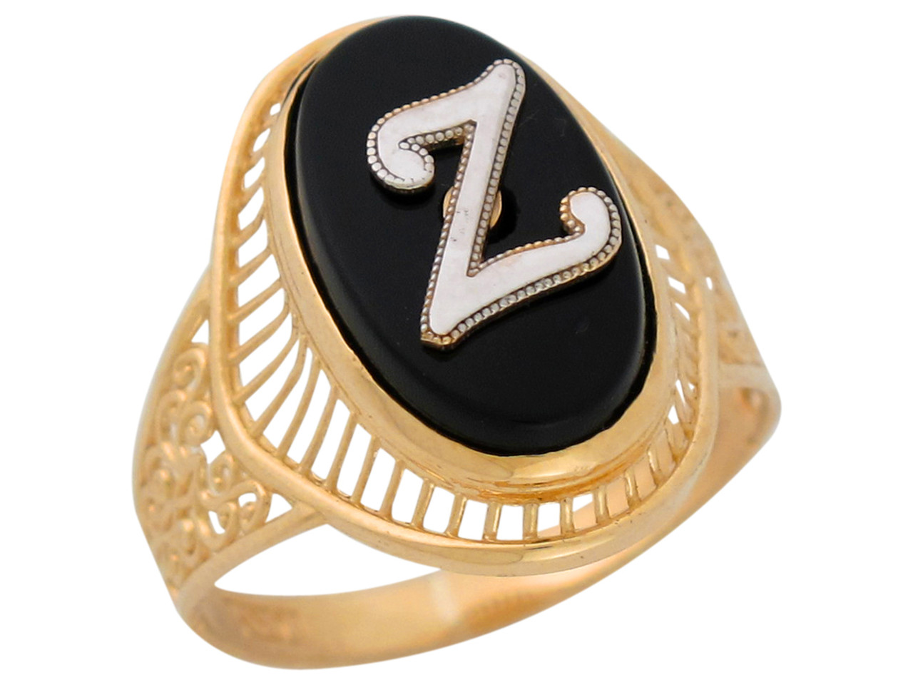 Real Gold Beautiful Filigree Band Oval Cursive Letter Z Initial