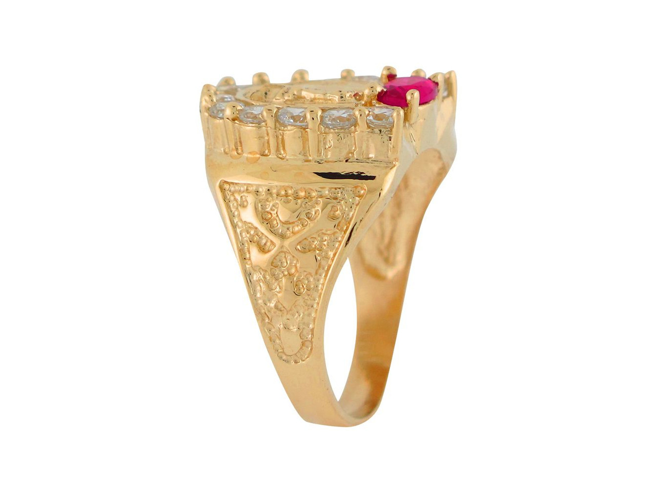 Synthtetic Ruby White CZ Horse with Horseshoe Frame Mens Ring (JL