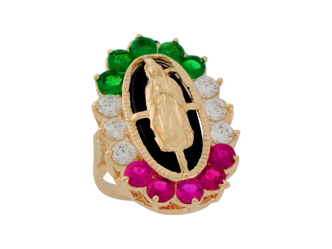 Onyx and Tri-color CZ Virgin Mary Guadalupe Mexico Wide Top Ring