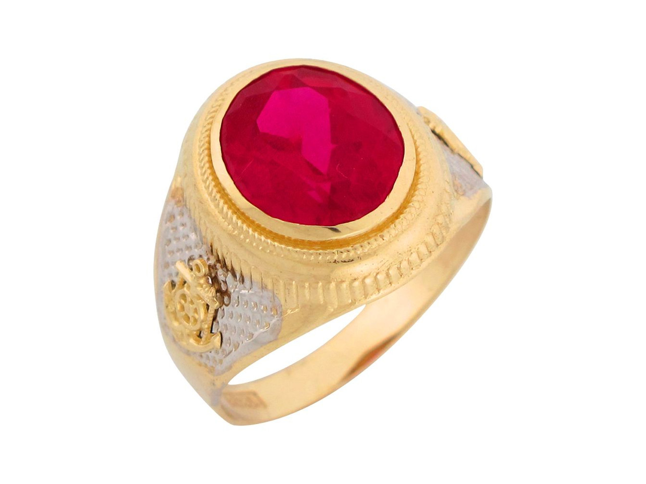 Two Tone Gold Simulated Blue Sapphire Nautical Anchor Mens Ring