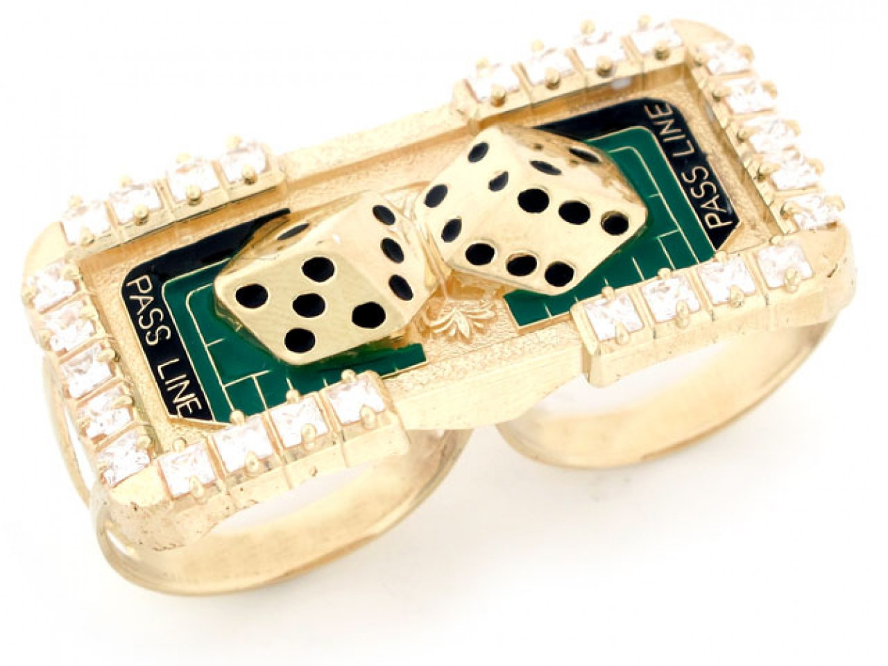 Men's 14K Gold Dice Craps Casino Hip Hop Two Finger Ring