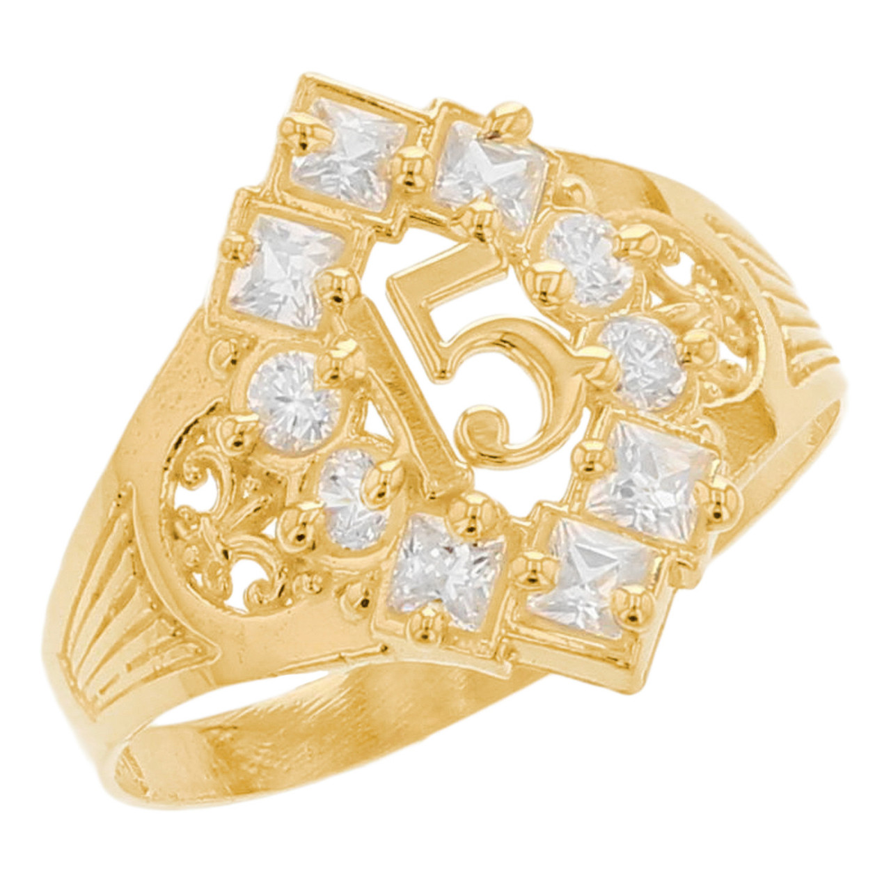 Gold 15 Anos Quinceanera Simulated Birthstone Ring (SKU# R2508