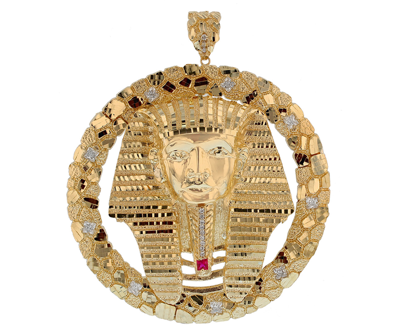 Large Diamond Cut Gold Nugget Egyptian Pharaoh Heavy Frame Pendant