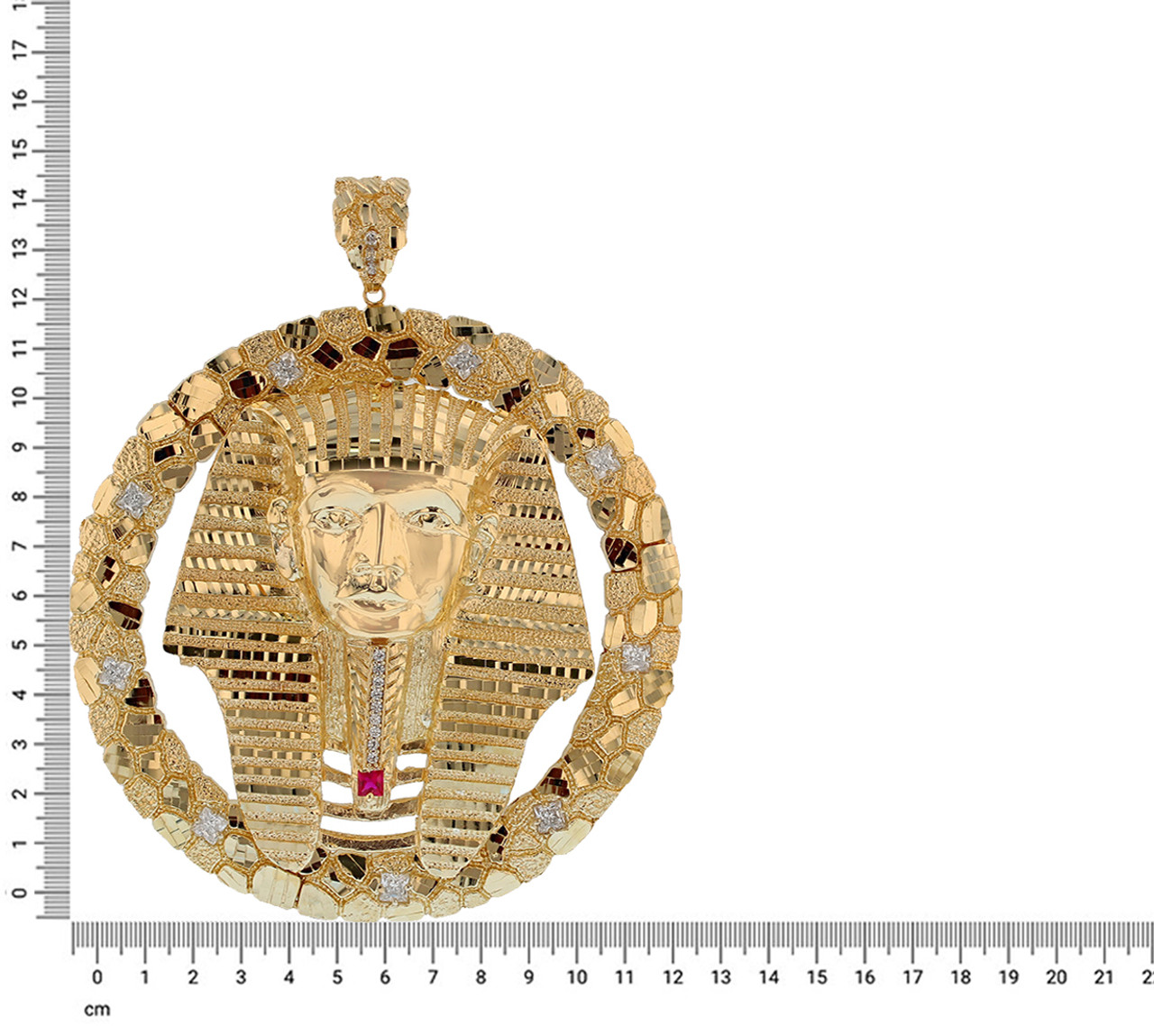 Large Diamond Cut Gold Nugget Egyptian Pharaoh Heavy Frame Pendant